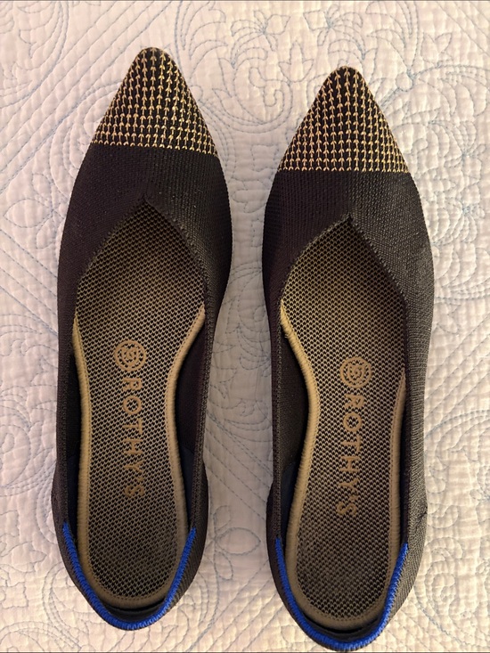 Rothy's Shoes - Rothy's Black Knit Pointed Flats with Gold Toe and Blue Trim